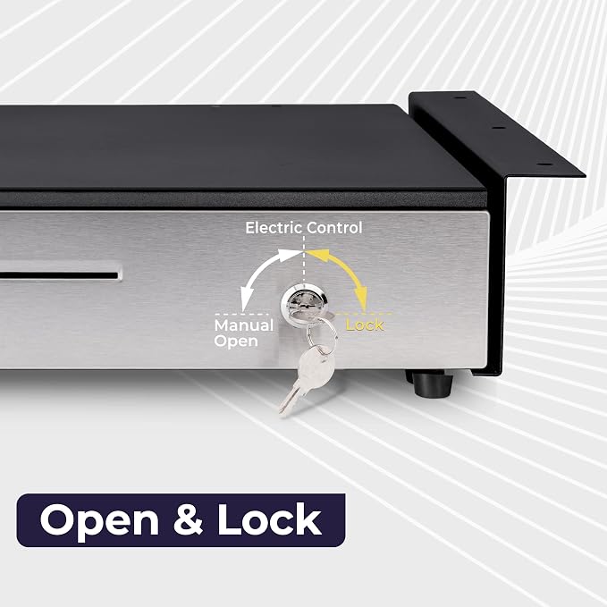 Volcora Cash Register Drawer with Under Counter Mounting Metal Bracket - 16 Black - Stainless Steel Front for POS, 5 Bill 6 Coin Removable Compartment, 12-24V RJ11/RJ12 Key-Lock, Media Slot