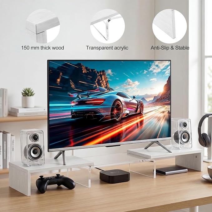 Dual Monitor Riser, Acrylic Monitor Riser with Keyboard Storage, Adjustable Angle & Length Computer Monitor Stand, Wide Desk Shelf for Top of Desk for Home Office_White Maple Look