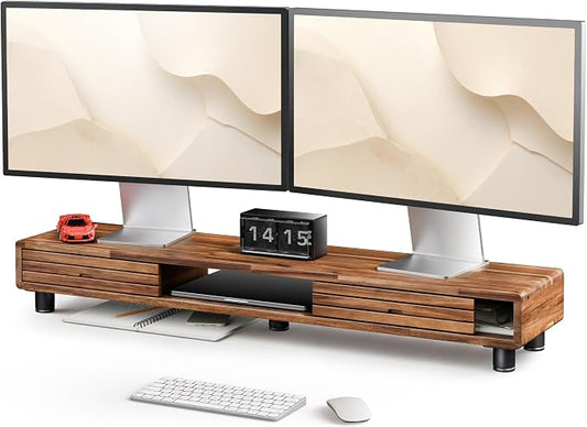 Tinamo 42.5" Dual Monitor Stand Riser with Sliding Doors – Solid Acacia Wood Desk Shelf for 2 Monitors, Desktop Organizer with Storage, Ergonomic 5" Height for Computer, Laptop, Printer, TV