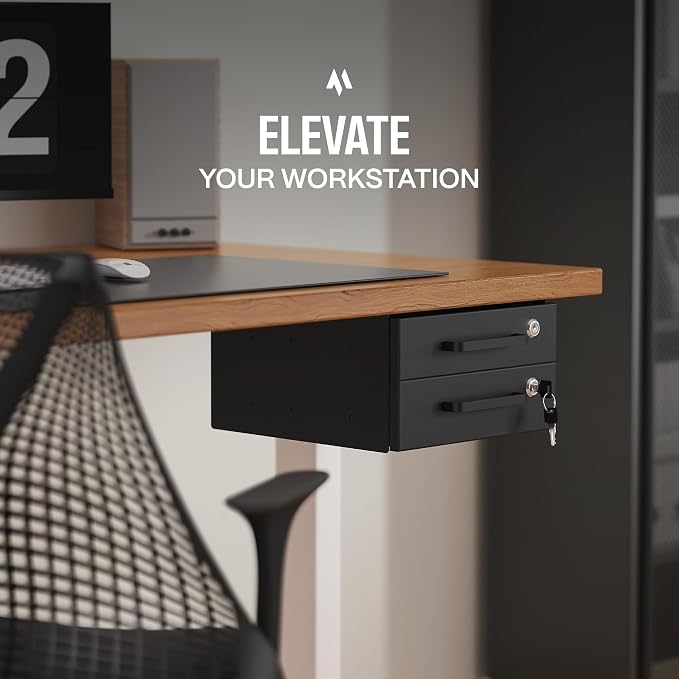 Under Desk Drawer Slide-Out – Lockable Metal Storage Drawers with Cable Management for Office & Home (Double, Non-Bracketed)