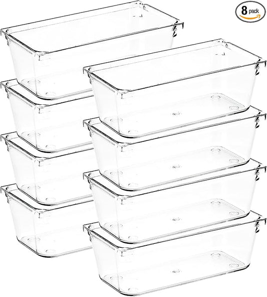 8 Pack Drawer Organizer - 3" X 6" Clear Acrylic Storage Bins with Non-Slip Pads, Versatile Desk Tray for Makeup, Jewelry, Kitchen, Bathroom, and Office Organization