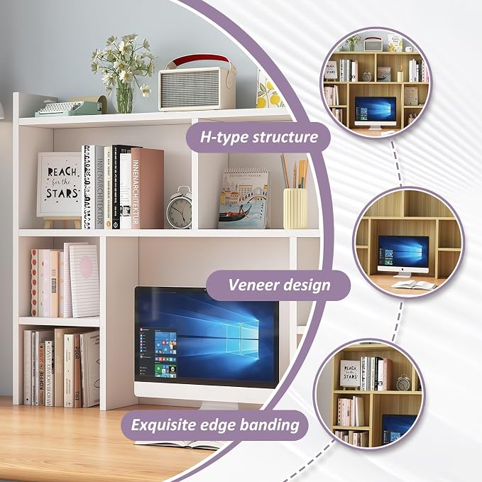 Desk Hutch Dorm, Desktop Bookshelf Organizer, Multifunctional Wooden Shelf Rack with Storage for Dorm Room, Office, Study, Space-Saving Design(Light Walnut,47.2x7.8x35.4in)