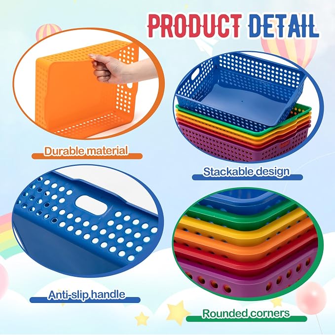 Geetery 12 Pack Classroom Storage Baskets with Handle 14''x10'' Paper Tray Holds A4 Turn in Trays Plastic Paper Baskets Desk Organizer Bin for Classroom, Library, Office, Home (Rainbow Color)