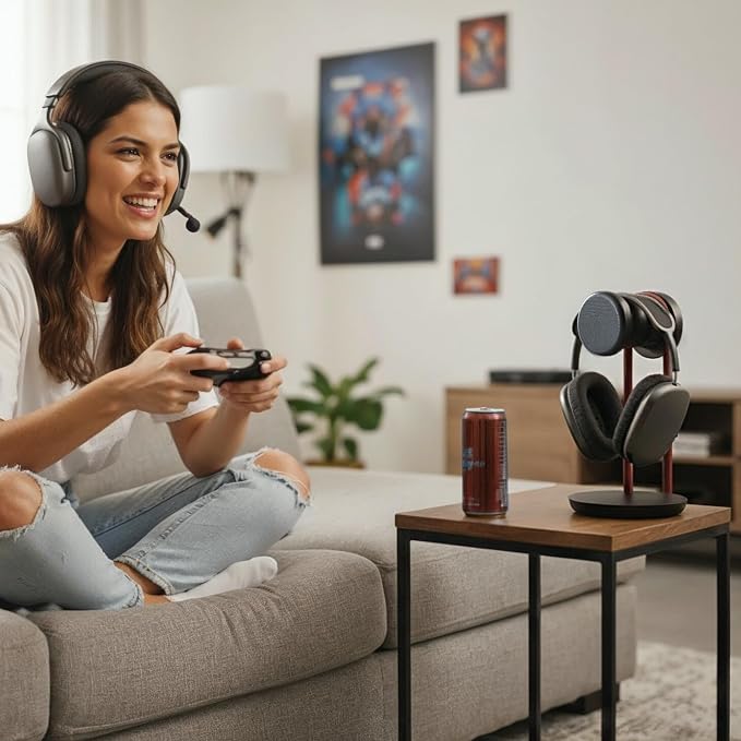 Fenge Headphone Stand for Desk, Nature Wood & Metal Headphone Holder with Storage Base, Desktop Headset Stand for Gaming Universal Headphones, Black