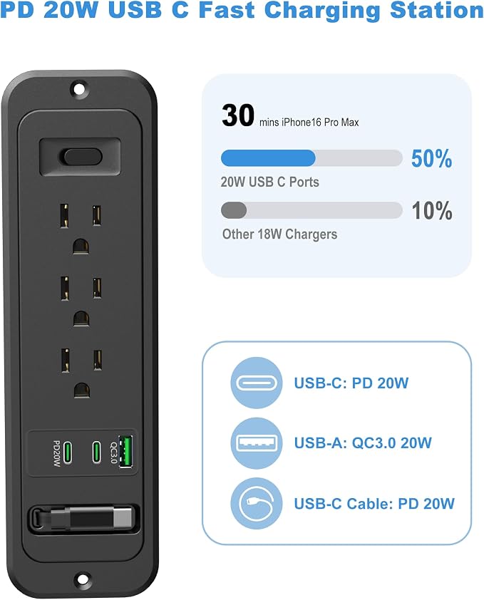 Recessed Power Strip with Retractable USB C Cable,2 PD 65W USB C Fast Charging,Flush Mount Countertop Drawer Outlet, Furniture Hidden Outlet for Side Table,End Table,3 Outlets (Black, 6FT-65W)