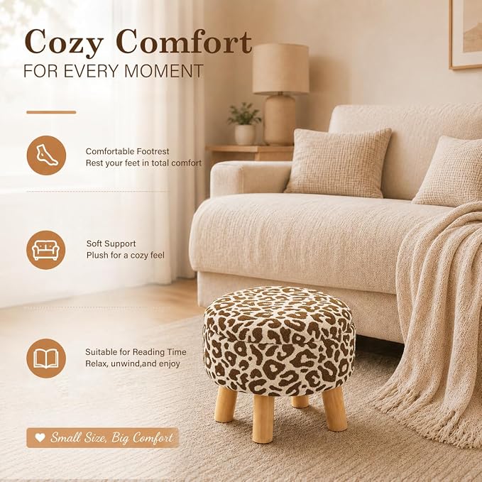 Wimarsbon Storage Ottoman, Modern Round Footrest with Soft Padded Seat, Pattern Velvet Footstool with Wood Legs, Accent Small Table or Plant Stand for Hallway, Living Room (Khaki)