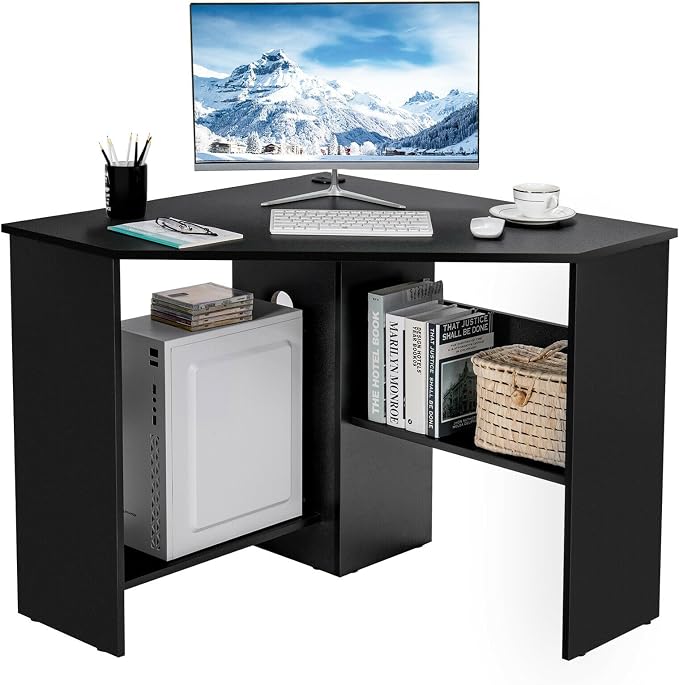 SlickBlue Corner Computer Desk with Triangle Design and Storage Shelf for Space-Saving