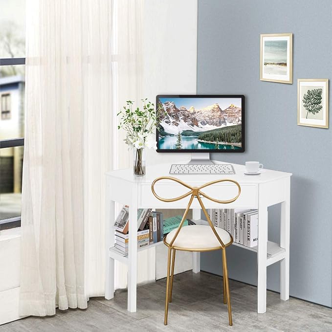 LDAILY White Corner Desk, Triangle Corner Computer Desk for Small Space, Compact Writing Desk with Storage Shelves & Drawer, Space Saving Small Makeup Vanity Desk for Bedroom, Home Office