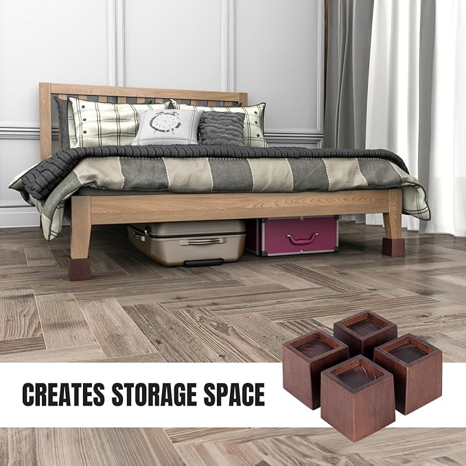 3 Inch Height Heavy Duty Wood Bed Risers – 4 Pack Wood Furniture Risers Extenders for Bed, Sofa&Table, Support Up to 2200lbs, Non-Slip Recessed Hole Furniture Lifts for Storage (Retro Brown Color)