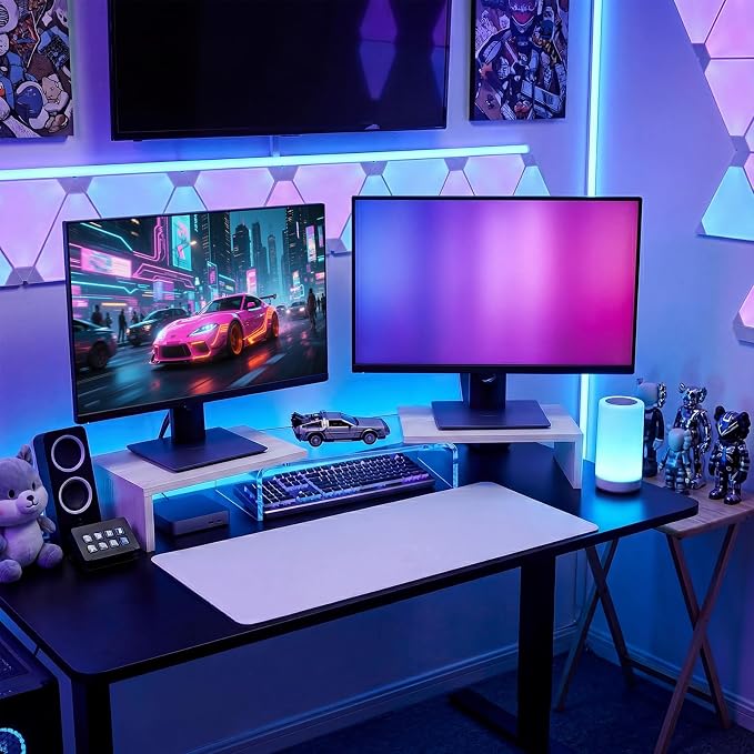 Dual Monitor Riser, Acrylic Monitor Riser with Keyboard Storage, Adjustable Angle & Length Computer Monitor Stand, Wide Desk Shelf for Top of Desk for Home Office_White Maple Look