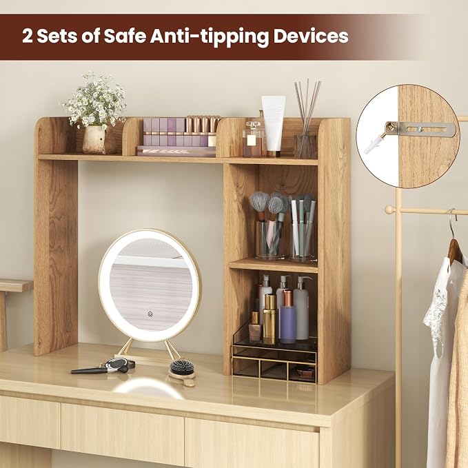 MAT EXPERT Desk Organizer, Wooden Desktop Shelf for 27 Inch Monitor with 5 Shelves & Non-Slip Foot Pads, Anti-Tipping Device, Multipurpose Desk Hutch for Study, Office, Dorm (Natural)