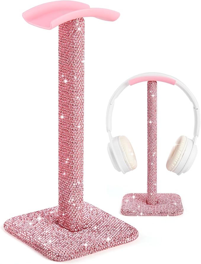 Cute Pink Headphone Stand for Desk - Rhinestone Bling Headset Holder with Soft Headrest, Sparkle Kawaii Desk Accessories for Gamer Girls & Women, Aesthetic Gift for Teen Girl Birthday (Crystal)