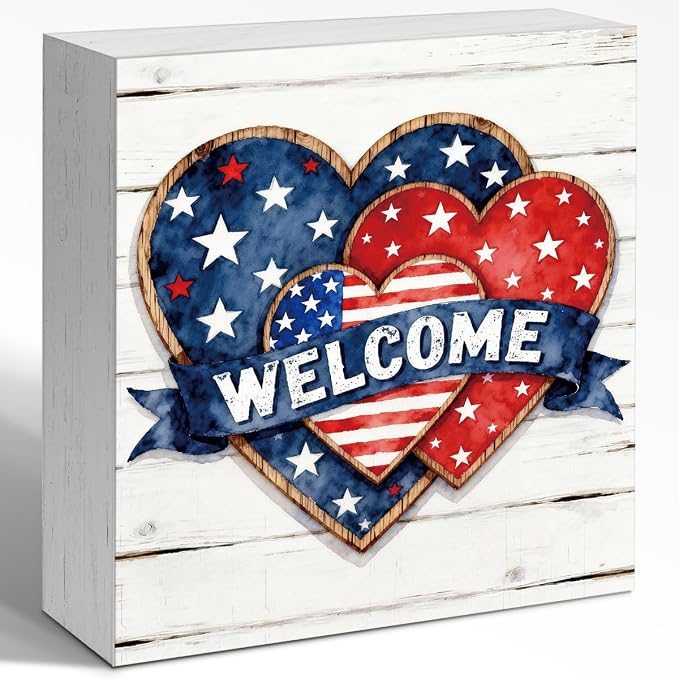 Patriotic Wooden Box Sign,Welcome Heart 4th Of July Signs Home Decor,Independence Memorial Day Block Sign for Desk Shelf Tabletop Decor