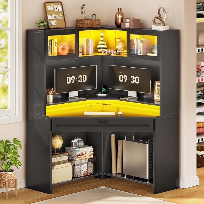 SEDETA 31.5" Corner Desk with Drawers, Small Office Computer Desk with Storage Shelves & Hutch for Small Space, Gaming Desk with LED Lights & Power Strip for Home Office, Black