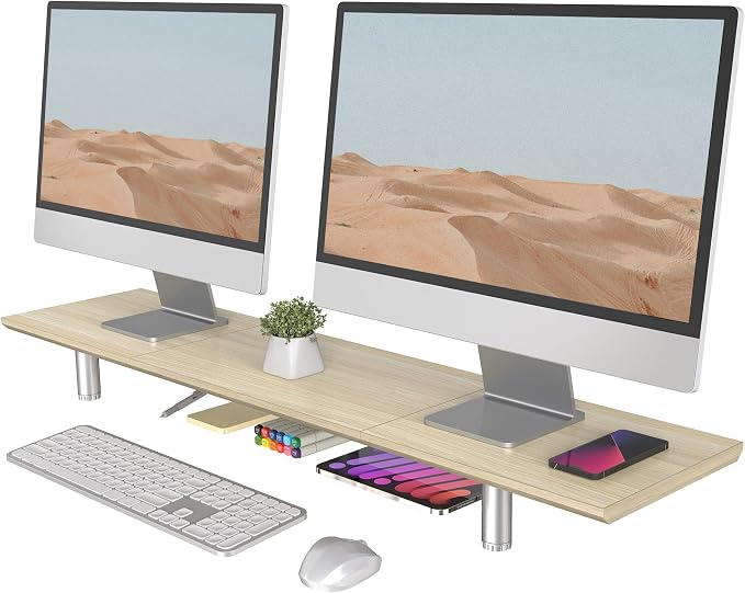 Fenge 39.4 Inch Dual Monitor Stand, Height Adjustable Monitor Riser Stand for Desk, Wooden & Steel Monitor Shelf for 2 Computers up to 99lbs, Stable Desk Organizer for PC Laptop TV, Oak