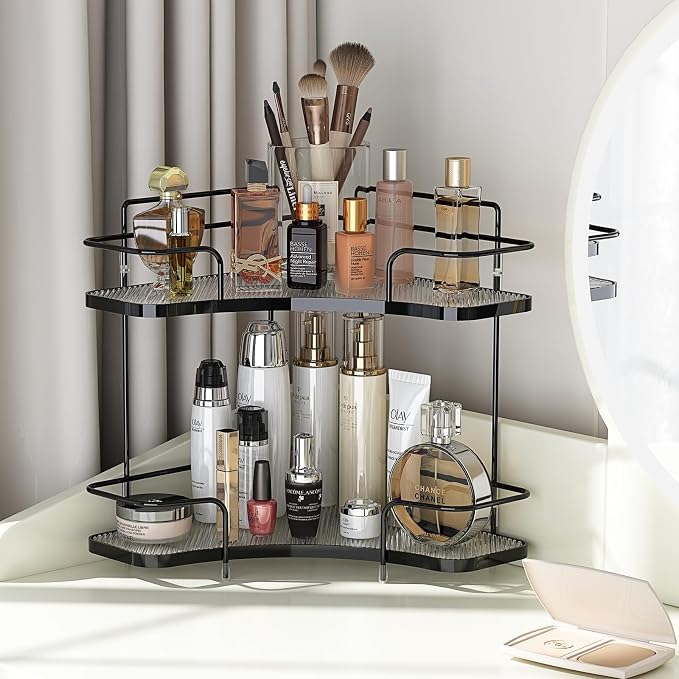 FOLLOWIN 2 Tier Countertop Corner Organizer, Corner Shelf for Vanity Countertop, Bathroom, Kitchen & Coffee Bar, Open Metal Frame with Clear Trays, Tool-Free Assembly, Space-Saving Storage, Black
