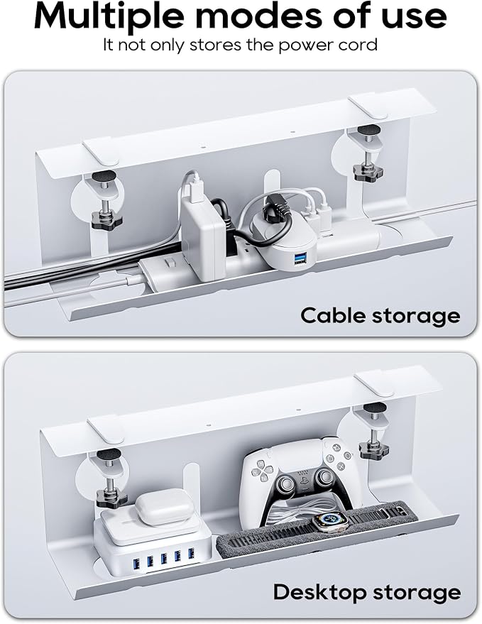 NODOCA No Drill Under Desk Cable Management Tray, 17'' Wire Management, Punch-Free Clamp on, Metal Cable Tray, Wire Organizer Under Desk, Under Dessk Basket for Office and Home, White