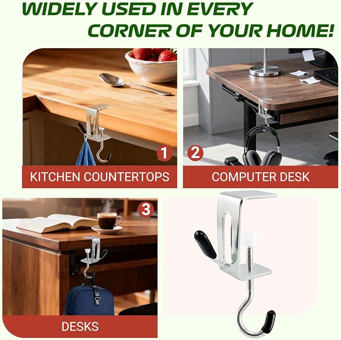 11 Pcs Desk Hook for Bag,Upgraded 2-Hook Metal Clamp Hooks,Purse Hook for Table,Adjustable Heavy Duty Clipa Bag Hanger Under Desk,Shelf Hooks for Hanging with Scratch-Proof Rubber Cover