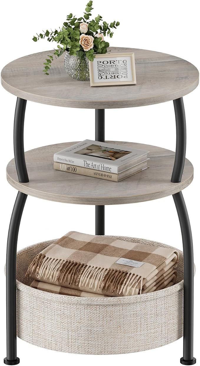 Small Side Table with Storage, 15.75in Round End Table with Basket, USB Port and Outlet, 3 Tiers Sofa Couch Table Bedside Table for Living Room Bedroom, Small Spaces, Greuge