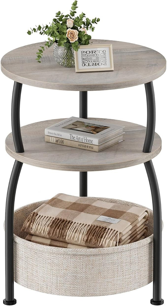 Small Side Table with Storage, 15.75in Round End Table with Basket, USB Port and Outlet, 3 Tiers Sofa Couch Table Bedside Table for Living Room Bedroom, Small Spaces, Greuge