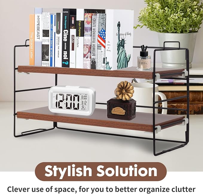 ShellKingdom Desk Shelf Organizer, 2 Tier Desktop Shelves, Adjustable Bookshelf Storage Rack and Office Cubicle Decor for Tabletop, School, Office, Dorm Organization (Black Frame + Wood Board)