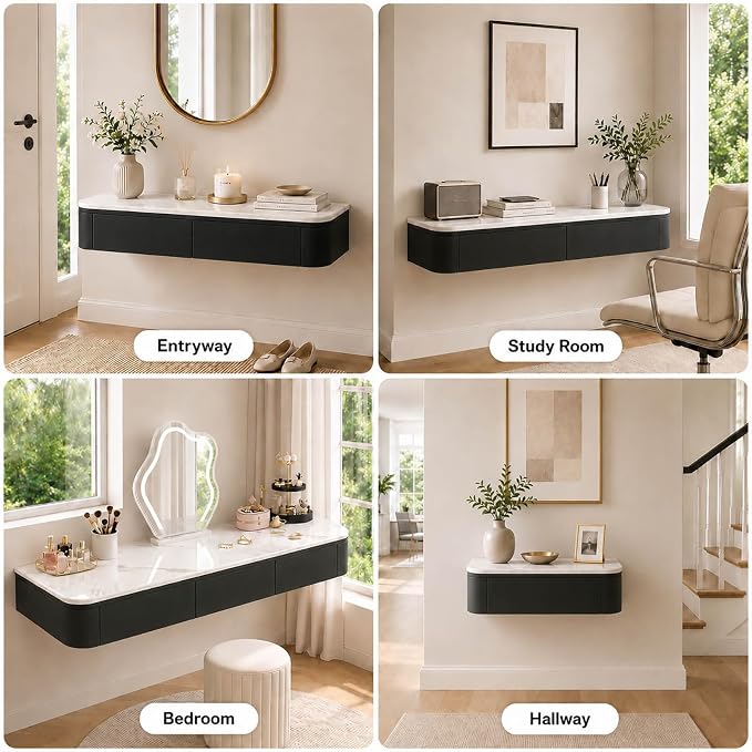 Floating Makeup Vanity Desk With Drawers Wall Mounted Makeup Table With Storage Fully Assembled Floating Vanity Desk Space Saving Modern Dressing Table For Bedroom Closet(Black Marble,39.3")