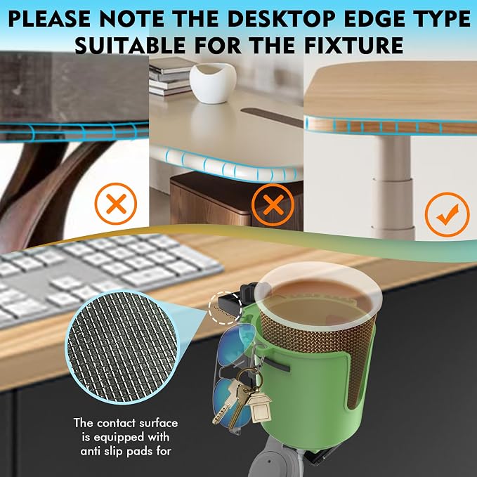 Desk Cup Holder with Headphone Hanger, Clip on Cup Holders for Desks with Spill-Proof Cup Design, Easy to Install, Enough to Hold 8-28OZ Coffee Cups, Water Bottles. (Green, Medium)
