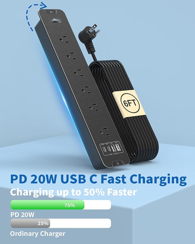 Recessed Power Strip, Flush Mount Power Strip with USB Ports, PD 20W USB C Fast Charging, 6 FT Extension Cord Surge Protector with1800J, Furniture Hidden Outlet for Side Table, End Table