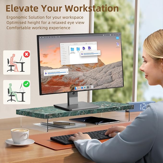 Monitor Stand Riser, Wood & Acrylic Computer Monitor Stand Desk Desktop Organizer Table for Home, Office Workspace, Laptop Riser, Printer, PC & TV Screen Riser