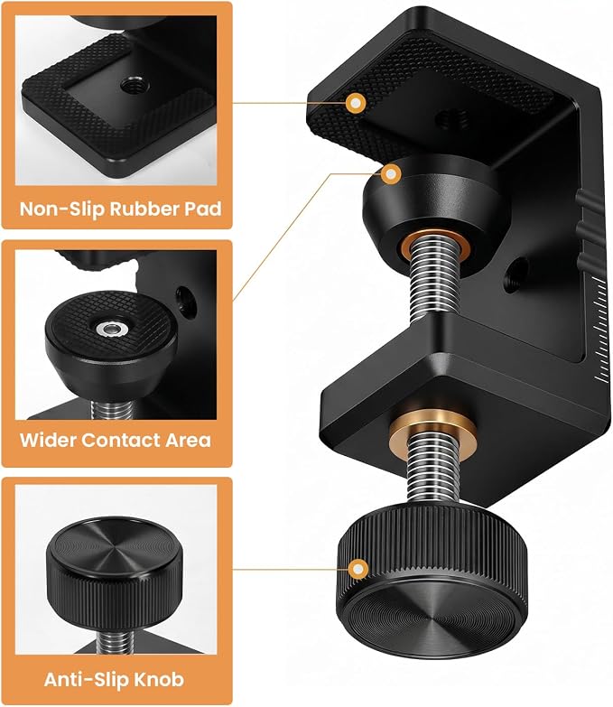 Heavy Duty C Clamp & Desk Clamp, Aluminum Alloy Table Mount with 1/4" & 3/8" Camera Tripod Adapter, Wide Jaw Design for Desk, Shelf, Camera Mount, Woodworking & Workbench (Black)