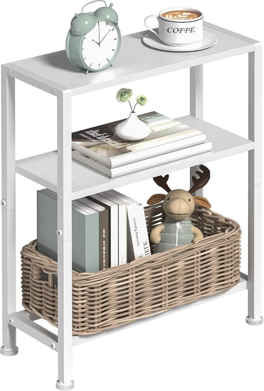 Narrow Side Table for Small Space, 2-Tier Small End Table with Shelf Holder, Slim Nightstand, Skinny Snack Couch Table in Living Room, Bedroom, Study, Kitchen and Balcony (White)
