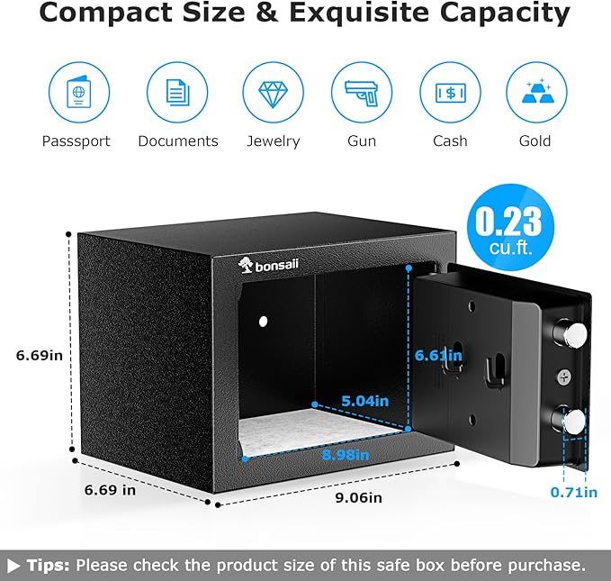 Bonsaii Safe Box with Electronic Keypad, Steel Security Lock Box with Key, 0.23 Cubic Feet, 9.06" W x 6.69" D x 6.69" H, Small Hidden Safe for Cash Jewelry