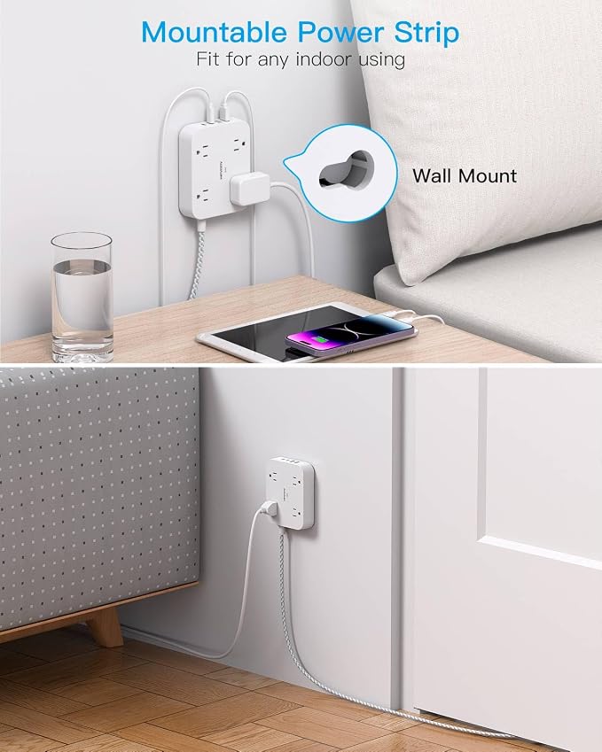 Surge Protector Power Strip, HANYCONY 5Ft Extension Cord with 4 USB Ports(2 USB C), 4 Widely Outlets Extender, Wall Mount, Desk Charging Station for Office Travel College Dorm Room Essentials