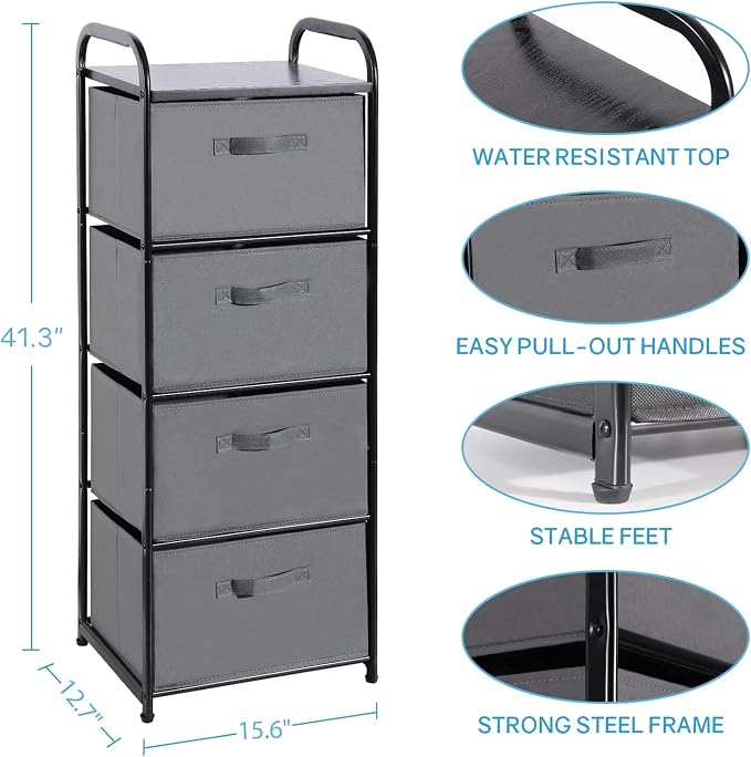 MAX Houser 4 Drawer Fabric Dresser Tall Storage Tower, Dresser Chest with Wood Top, Vertical Nightstand Side Organizer Unit with Metal Frame for Closets Bedroom Nursery Room Hallway(Leaden)