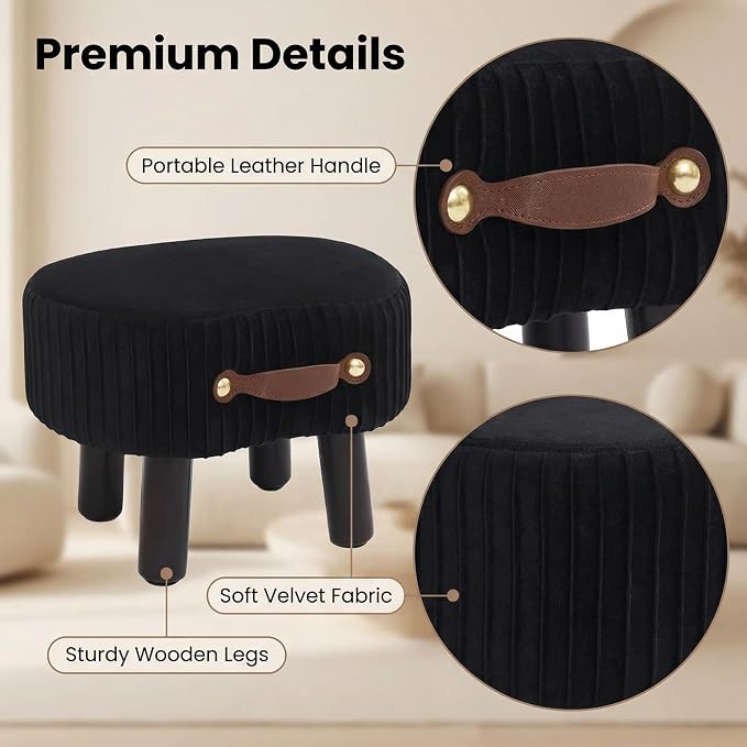 Foot Stools Ottoman with Handle Small Foot Stool Footrest Ottomon | Velvet Footstool Ottoman with Padded Seat, Curved Foot Rest Stool with Wooden Legs for Living Room, Entrywa（Black）