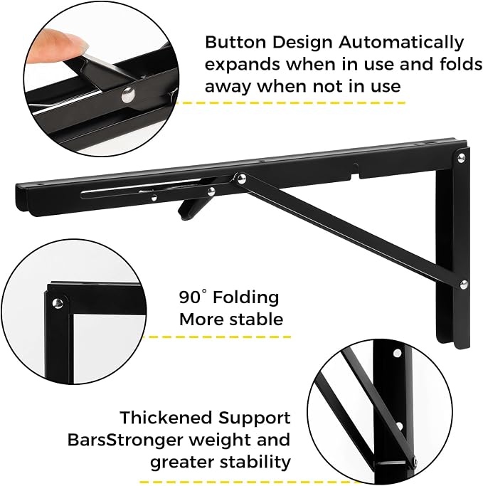 16 Inch Folding Shelf Brackets, 2 Pcs Heavy Duty Metal Collapsible Shelf Bracket Wall Mounted Brackets for Fold Down Table Wall Mounted Brackets for Shelves Space Saving（Max Load: 132 lb）