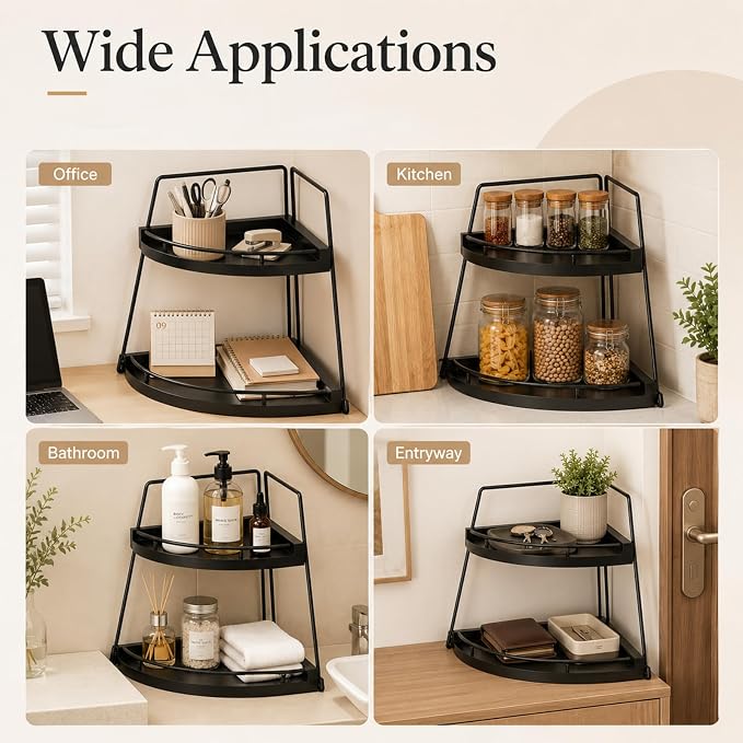 2-Tier Triangle Corner Desk Organizer, 9.6 x 9.6 x 12.2 in Black Wood Base and Iron Space-Saving Storage Shelf, Easy Assembly Corner Counter Shelf for Kitchen Countertop, Bathroom Vanity, Office Rack