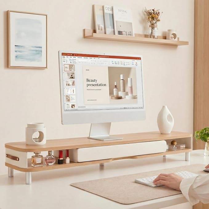 Fenge Monitor Stand with Large Drawer, 42.5 Inch Dual Monitor Riser for 2 Monitors, Ergonomic Computer Desk Shelf with Soft Touch Leather & Storage Organizer for Laptop, Computer, TV, PC, Printers