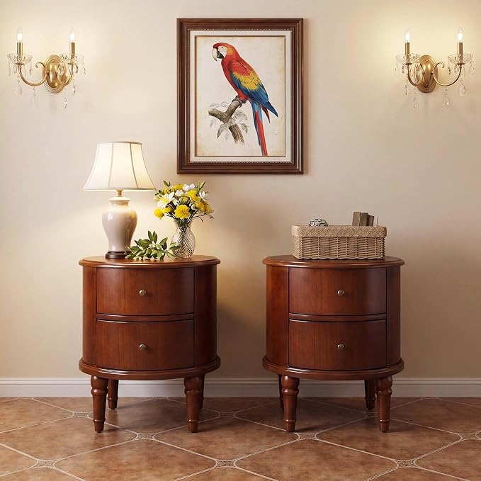 Vintage Round End Side Table Set of 2 with 2 Storage Drawers, 17.7" W x 20.1" H Side Table for Bedroom Living Room, No-Tools Assembly, Honey Amber YBG-B5598-MG