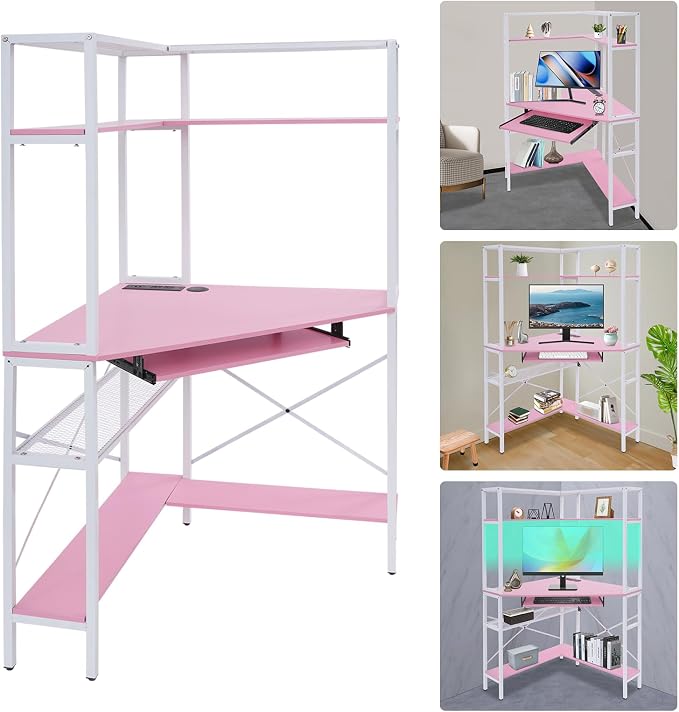 Corner Desk, Triangle Corner Computer Desk with 2 USB Ports and 2 AC sockets, Small Computer Desk with Hutch and LED Lights ComputerDesk for Small Space, Home Office Desk, Pink