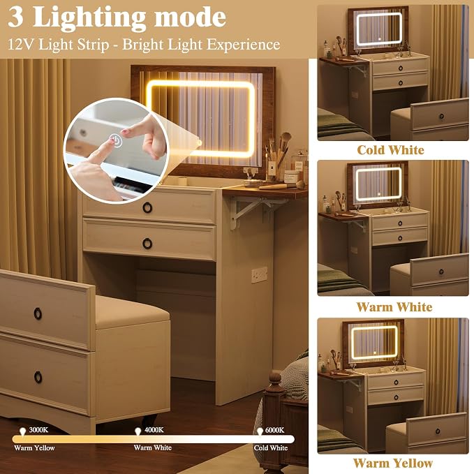 LUXOAK 3-in-1 Small Vanity Desk with Mirror and Lights, Compact Hidden Vanity Set with Stool & Charging Station, Makeup Table for Girls Bedroom and Dressing Room, Rustic White
