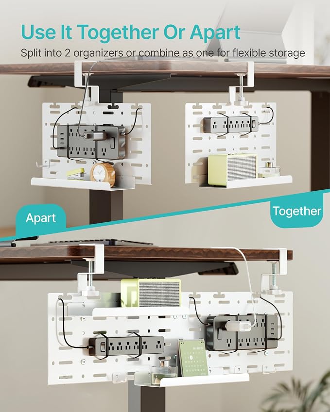 PEGZONE Under Desk Cable Management Tray, 30.2" Vertical Pegboard Organizer for Power Strip & Cords, with Hooks, Trays & Straps, No-Drill C-Clamp for Home Office, White