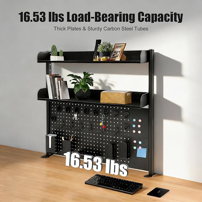 Clamp on Desk Organizer Shelf with Pegboard, Multipurpose Desktop Hutch Desk Bookshelf Desktop Bookcase Storage Rack Display Shelf for Home Office Dorm, Study Rooms, Bedrooms (Black)