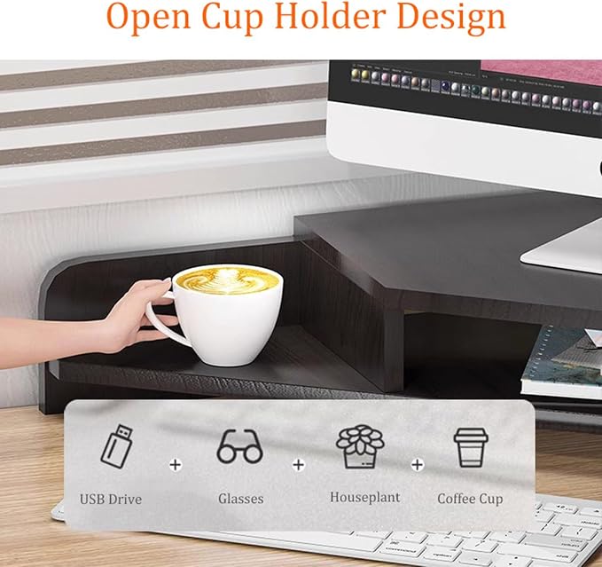 Ergonomic Corner Monitor Stand Riser, Desktop Corner Shelf with Cup Holders and 2 Tiers Storage, Space Saving Desk Organizer Stand for Study Room (Wood color)