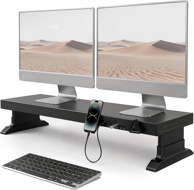Height Adjustable Monitor Riser with 6-Port Hub – 37.6" Extra Wide Desk Stand for Dual Monitors, Continuous Height Adjustment 4.33–6.69" via Knob, USB-C Fast Charging, Carbon Steel Black