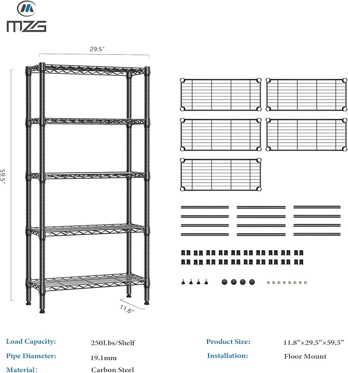 M MZG 1250 lbs 5 Tier Shelf Metal Storage Shelves Wire Rack Closet Organizers for Garage Kitchen Bathroom Laundry Black 11.8" D x 29.5" W x 59.5" H
