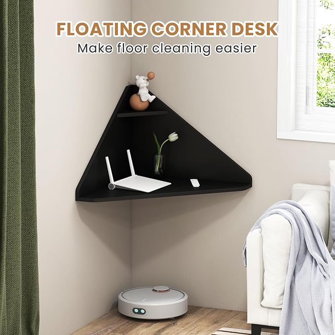 Giantex Corner Floating Desk, Wall Mounted Computer Desk with Storage Shelf, Space-Saving Writing Desk, Triangle Laptop Desk for Living Room, Study, Bedroom, Home Office & Small Spaces (Black)