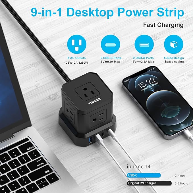 Power Strip with USB, USB C (3.0A) Power Strip with 5 Outlets, 2 USB-C & 2 USB-A, 5 FT Flat Extension Cord with Ultra Thin Flat Plug, Surge Protector Compact for Home Office, Dorm, Hotel Travel