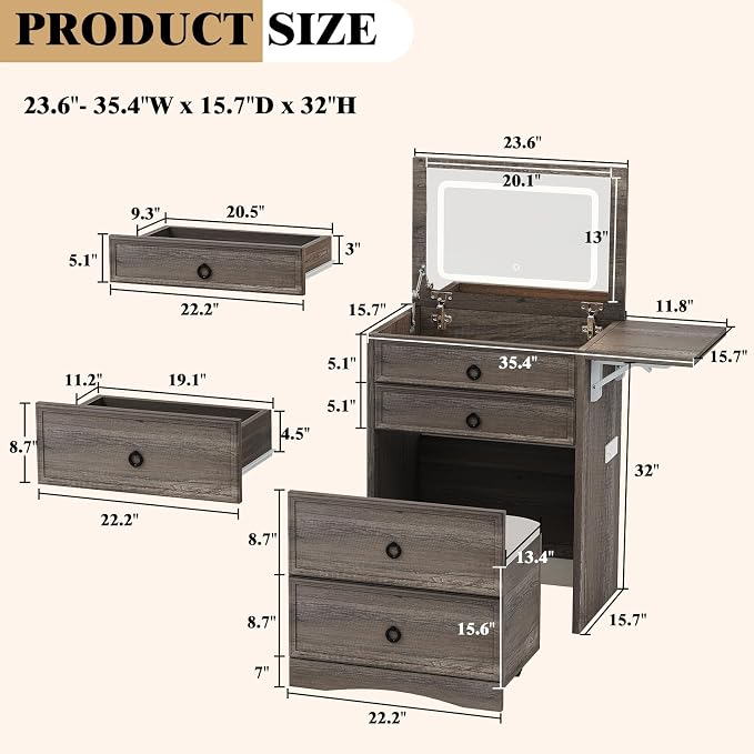 LUXOAK 3-in-1 Small Vanity Desk with Mirror and Lights, Compact Hidden Vanity Set with Stool & Charging Station, Makeup Table for Girls Bedroom and Dressing Room, Rustic Grey