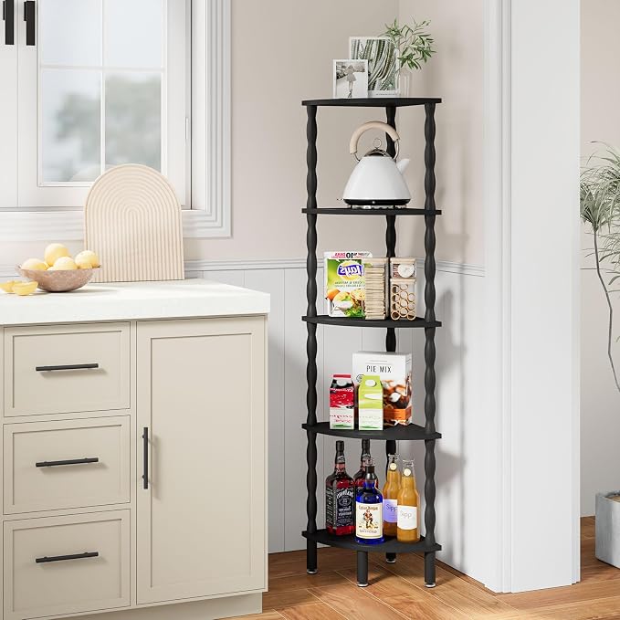 IBUYKE 5-Tier Corner Shelf,Stylish Corner Bookshelf for Small Spaces,Industrial Corner Storage Display Shelves,Small Corner Table for Bedroom,Bathroom,Kitchen, Black WBC020B